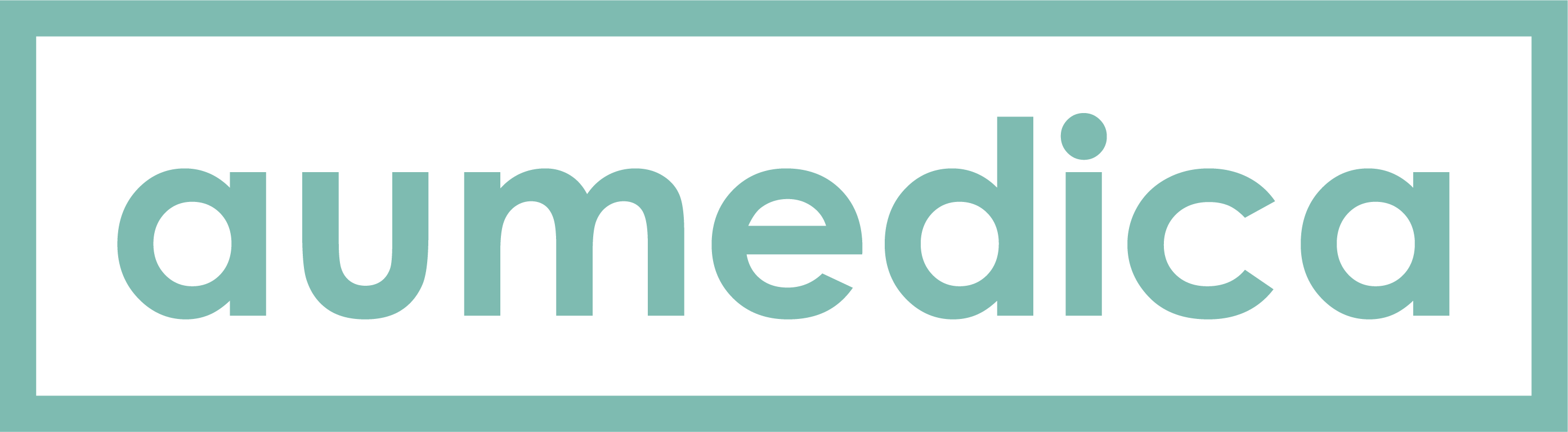 Hellblaues aumedica Logo mit klarer Schrift auf transparentem Hintergrund